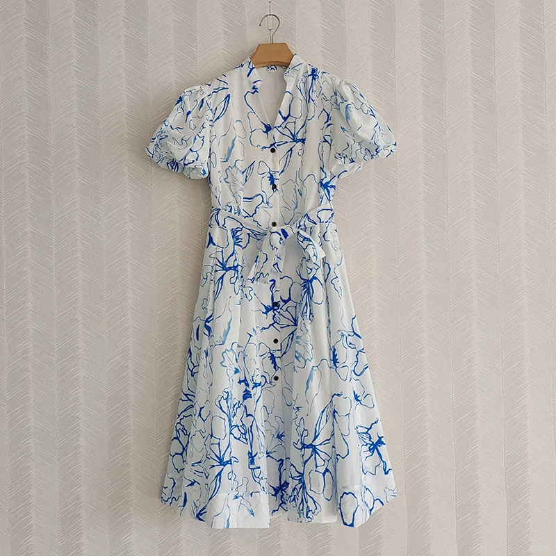 

Женское винтажное платье миди с V-образным вырезом и пышными рукавами