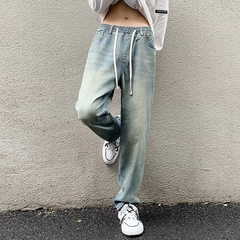 Blue Baggy Jeans Men Fashion Retro Drawstring Straight Jeans Men Japanese Streetwear Hip Hop Loose Denim Pants Mens Trousers