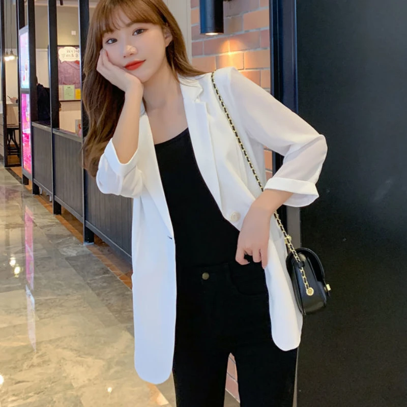 

Summer Autumn Women Chiffon Suit Jacket White Thin Top Korean Fashion Free Shipping Plus Size Jacket Coat Wholesale Slim Fit New