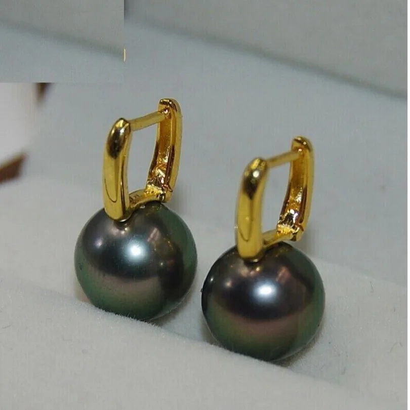 

Gorgeous AAAAA 9-10mm Round South China Sea Black Green Pearl Earrings 925s