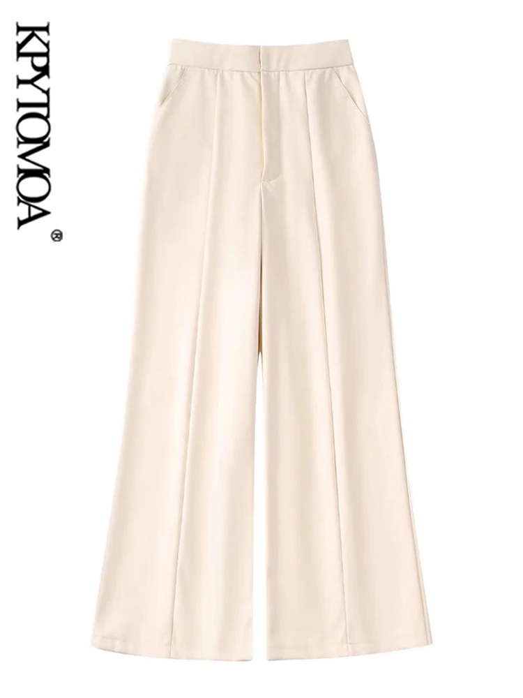 

KPYTOMOA Women Fashion Side Pockets Faux Leather Straight Pants Vintage High Waist Zipper Fly Female Trousers Mujer