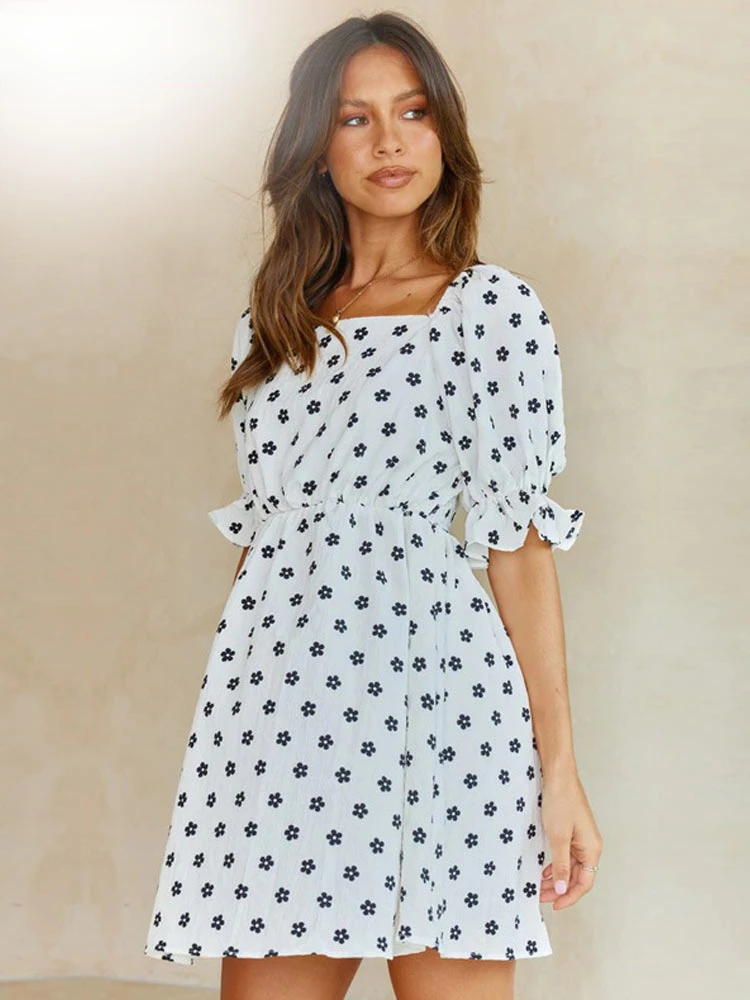 

Casual Short Sleeve Mini Dress Women Summer 2022 Fashion Square Collar Slim Flower Print Dress Elegant Ruffle Vestidos 2022 New