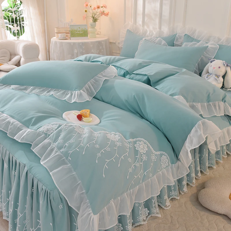 Кружевные комплекты постельного белья принцессы синее белое двойное