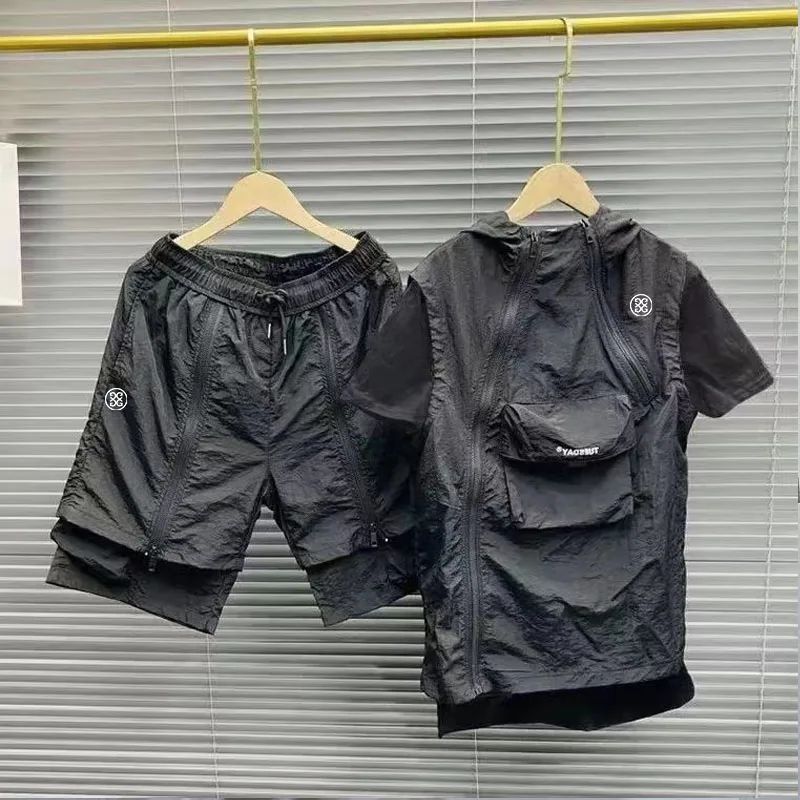 

Golf Wear Men 2-piece set Summer Golf Wear 2023 Quick Drying Suit Malbon Golf T-shirt Golf Shorts Suit Hooded Men Golf Wear men