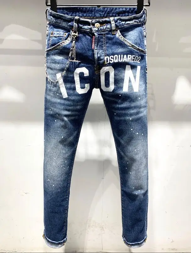 

New CHAINS DSQUARED2 Icon Stitching Printing Men's Slim Jeans Straight Leg Motorcycle Rider Hole Pants Jeans Man Jeans Print