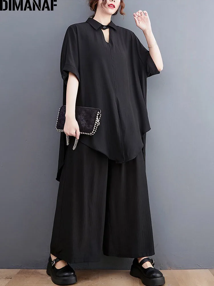

Женский винтажный комплект одежды DIMANAF, свободная повседневная рубашка и длинные штаны, однотонный черный костюм большого размера для лета, 2022