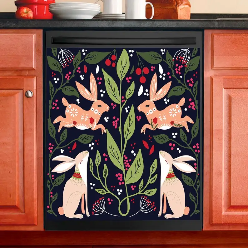 

Kitchen Decor Dishwasher Cover Scandinavian Folk Art Bunny