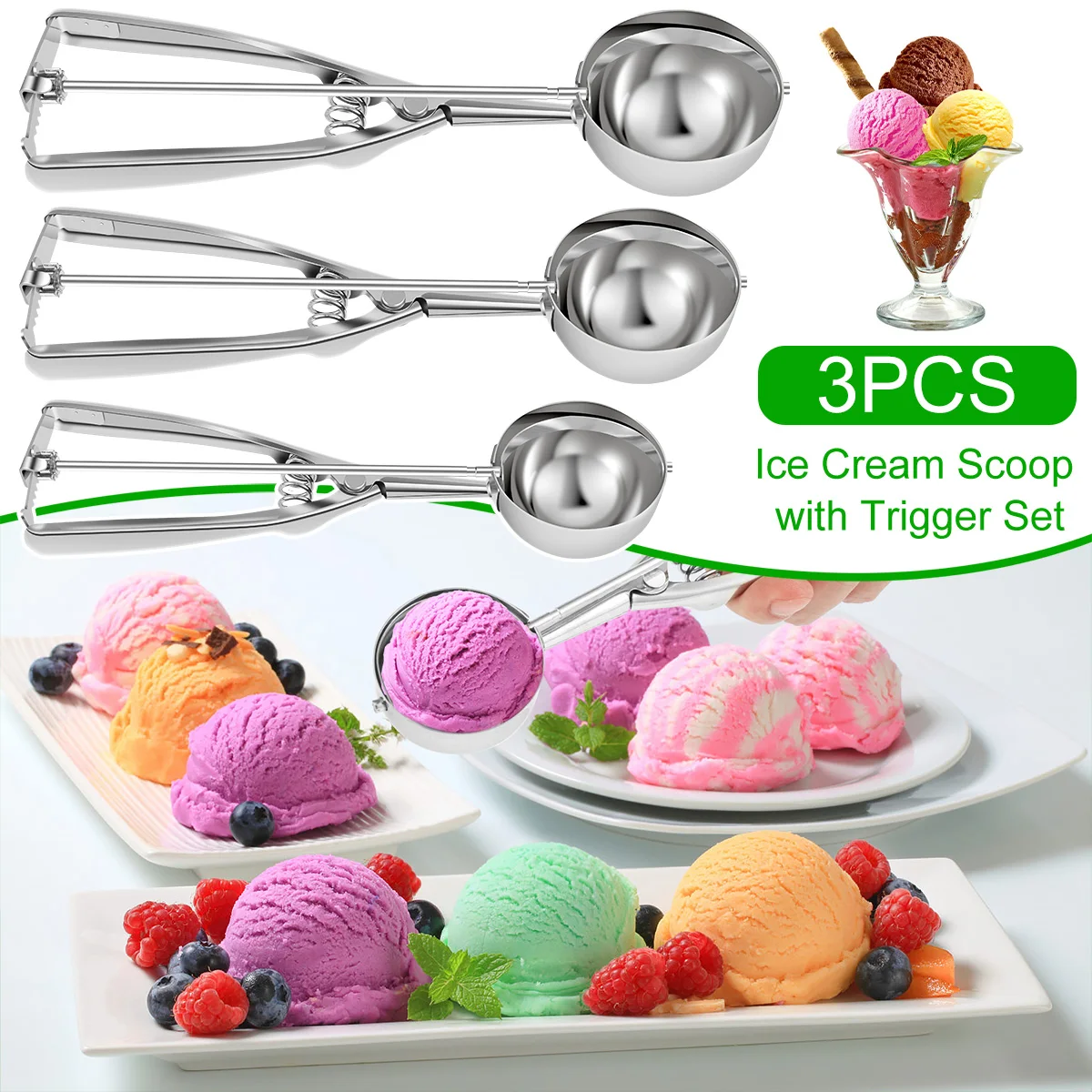 

3Pcs Ice Cream Scoop Set Stainless Steel Cookie Scooper Ergonomic Ice Cream Scoops Include Large-Medium-Small Size