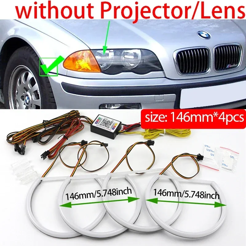 

4x хлопковое кольцо «Ангельские глазки» RGBW, красочное динамическое управление мобильным телефоном для BMW E46 1998-2002, вращающееся, последовательное, струящееся