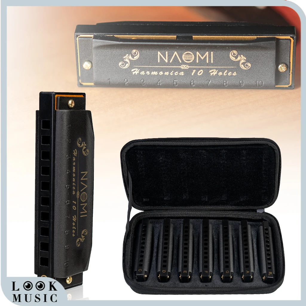 

NAOMI Piedmont Blues Harmonica Set 7-Piece With Case Harmonicas With Key Chart G, A, Bb, C, D, E, & F Perfect Kit For Beginners
