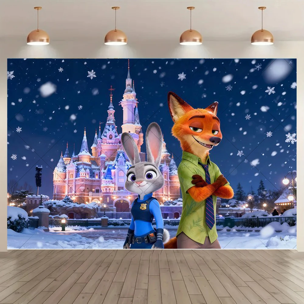 Фото Фон для фотосессии с героями мультфильма Disney «Зверополис», Ник и Джуди, баннер для дня рождения, детского праздника, украшение для фотосессии №2