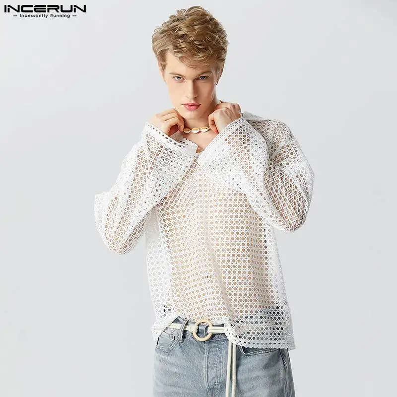 

INCERUN Men T Shirt Mesh Hollow Out Transparent V Neck Long Sleeve Loose Camisetas Streetwear 2023 Fashion Men Clothing S-5XL