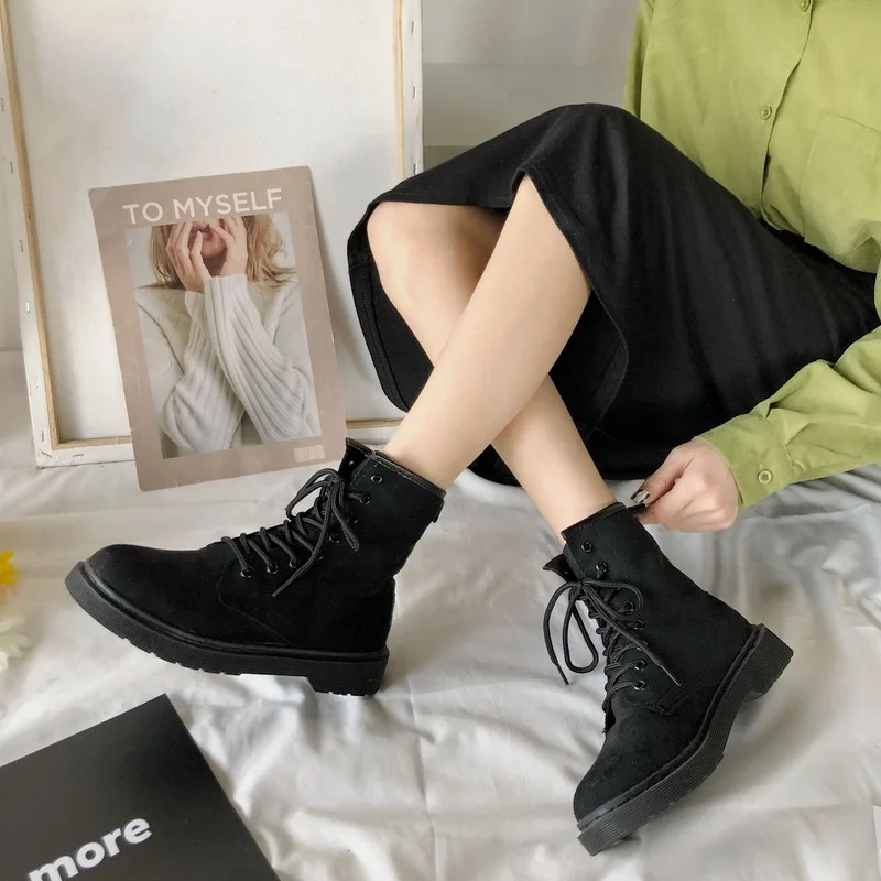 Spring Autumn 2022 Platform Boots for Women Fashion Retro Flock Ankle Riding Equestrian Square Heel Lace-up Shoes Woman Boots