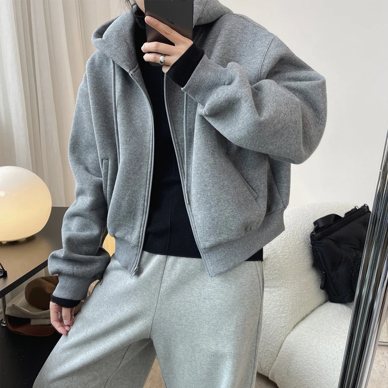 

Winter women's casual solid color loose hooded sweatshirt