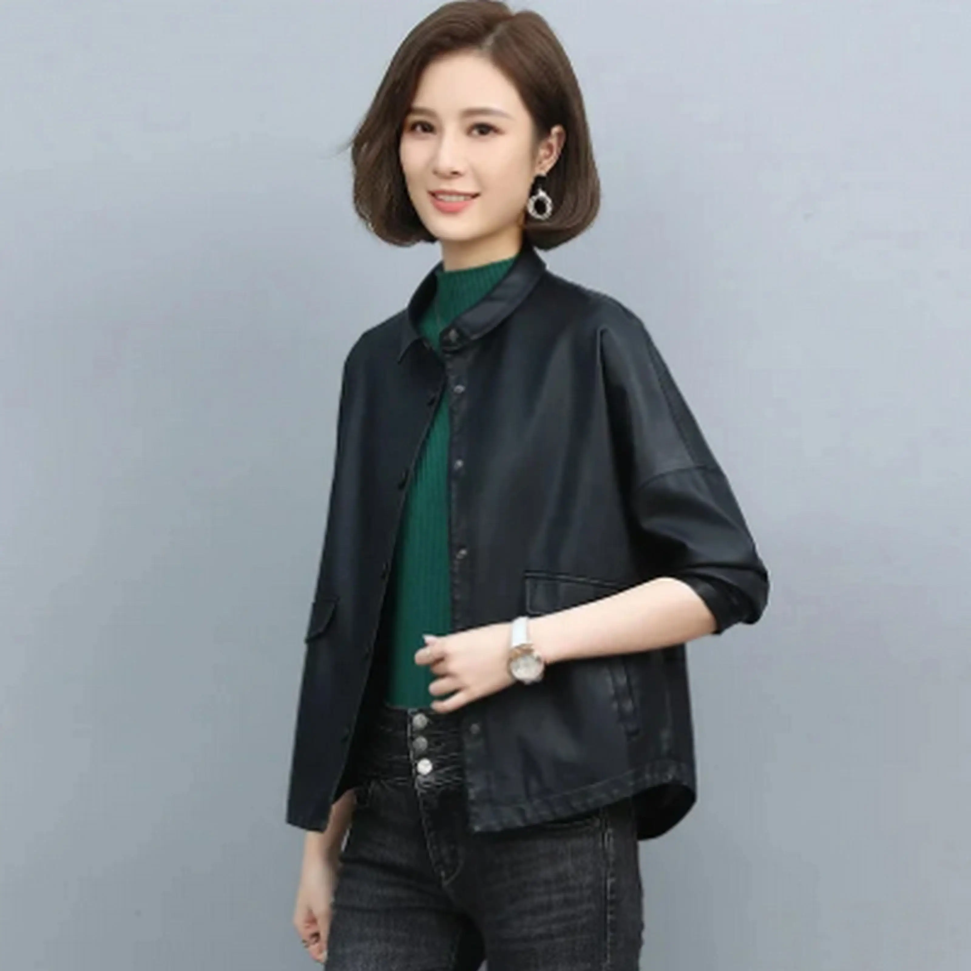 Short Leather Jacket Spring Autumn 2023 Korean Casual Loose Stand Collar Faux Leather Jacket Single Breasted Outerwear Womens