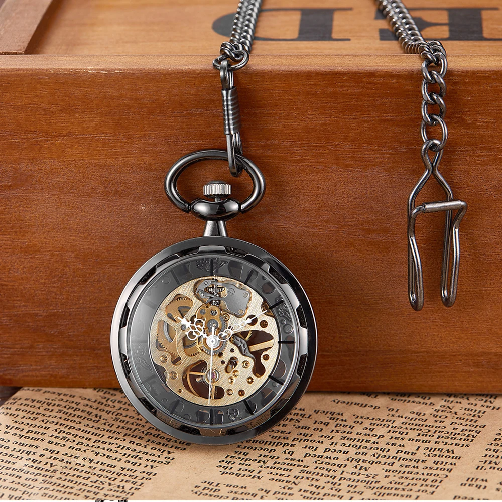 Vintage New Mechanical Pocket Watch FOB Chain Classic Steampunk Roman Dial Skeleton Black Hollow Men Pocket Watch Male Clock