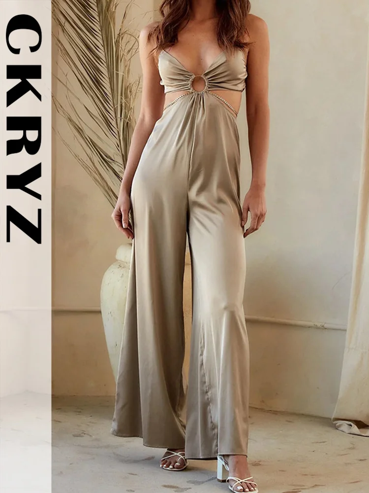 

Ladies Summer Satin One Piece Sleeveless Backless Hollow Out Sexy Jumpsuit For Women New Fashion Casual Clubwear Vacation Romper