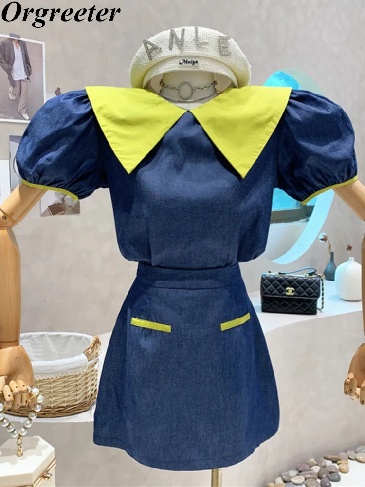 

Женский джинсовый костюм-двойка, повседневный костюм контрастных цветов с отложным воротником, юбка А-силуэта с завышенной талией на лето