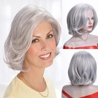 mothers wig gray color curly bob wigs womens fashion heat resistant short synthetic natural wavy hair wigs for mommy peluca