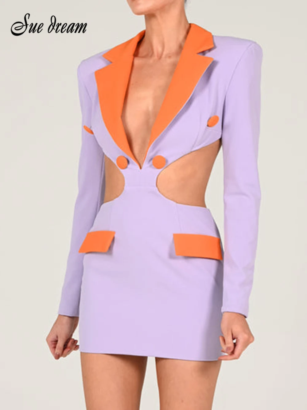 

Fashion Hollow Out Backless Blazer Dress For Women Robe Autumn Notched Collar Full Sleeve Bodycon Party Mini Dress Vestido