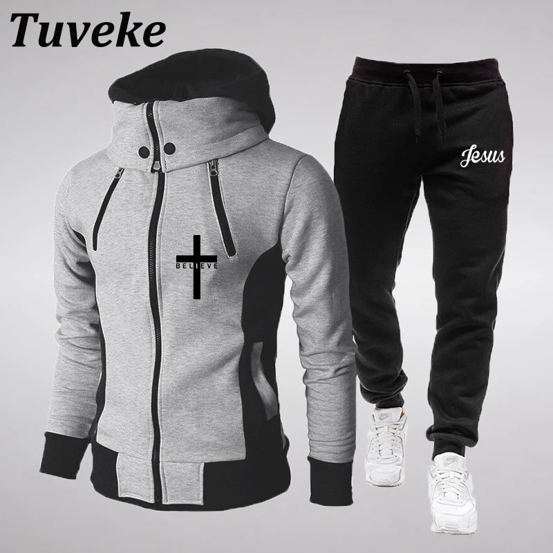 

Tuveke мужской новый костюм с принтом Иисуса Христа водолазка с капюшоном модный спортивный костюм мужской повседневный двойной молнии с лацк...