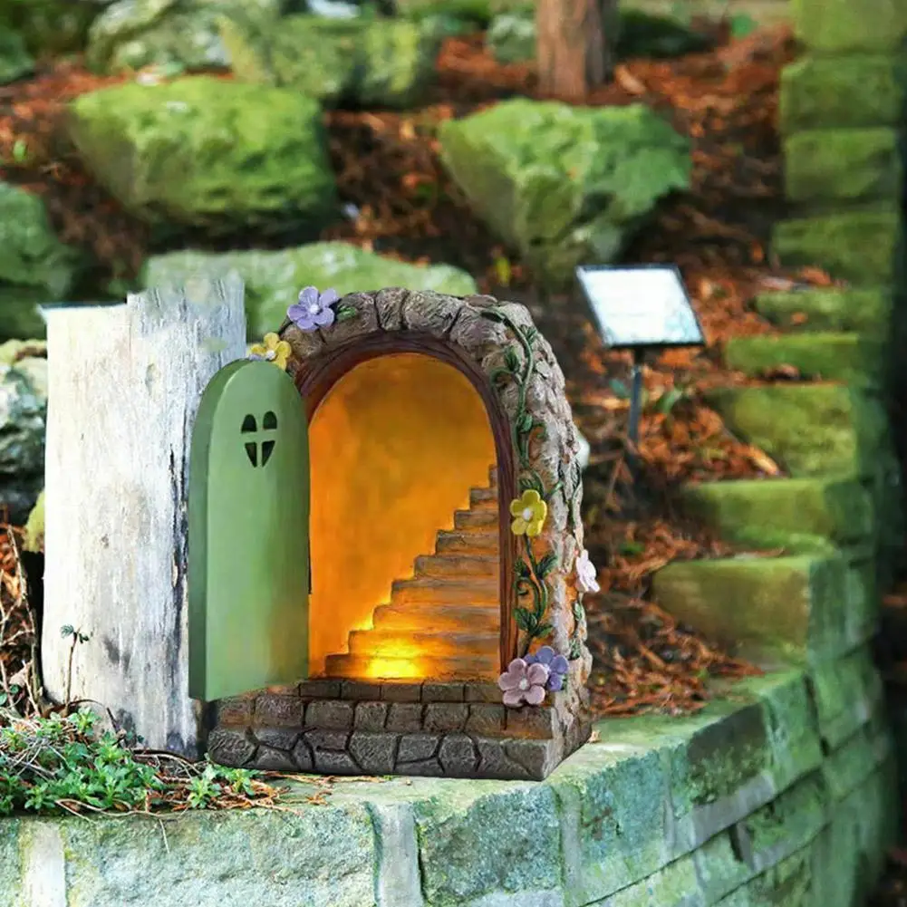 

Resin Statues Miniature Solar Fairy Door Light Fairy Luminous Home Figurines Crafts Garden Sculpture Ornament Yard Outdoor D6x4