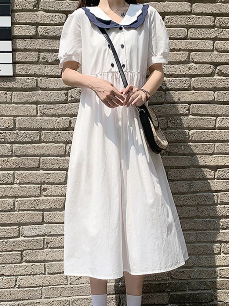 

HOUZHOU Kawaii Preppy Style Dress Women Summer White Short Sleeve Dress Mid-Calf Elegant Vintage Korean Fashion 2022 Streetwear