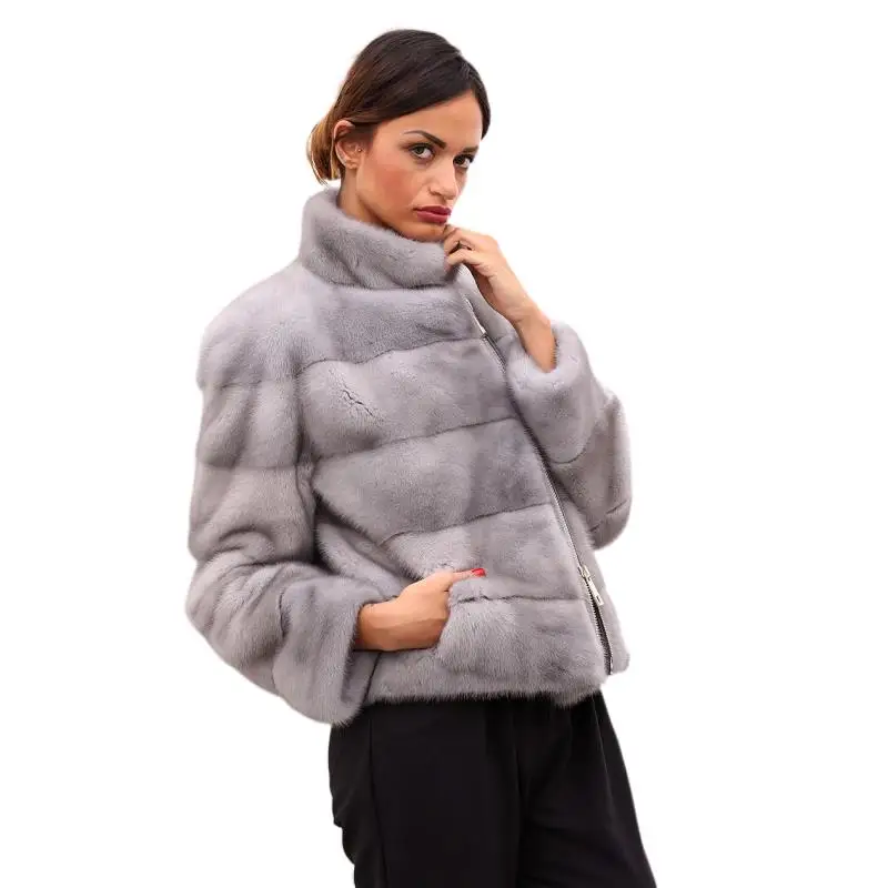 Luxurious Sapphire Mink Fur Coats Fashion Real Fur Zipper Suit Lapel Slim Ladies Overcoat Outer Garments Collar Outer Clothing