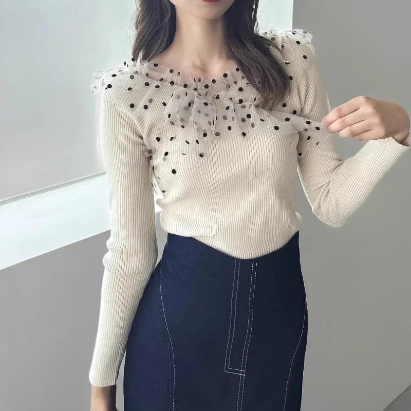 Ретро флокированные сетчатые лоскутные пуловеры с длинными рукавами в горошек