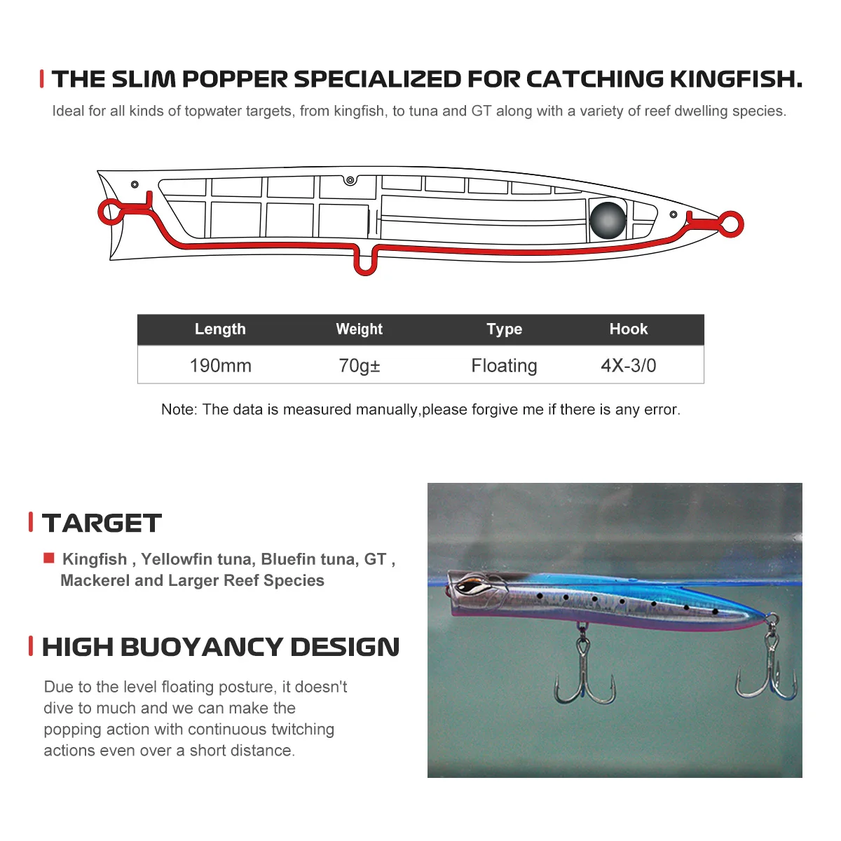 Фото Noeby Daio Diving Slim Popper Рыболовная приманка 190 мм 70 г ± Плавающий воблер Искусственная жесткая приманка для морской рыбалки на тунца №2