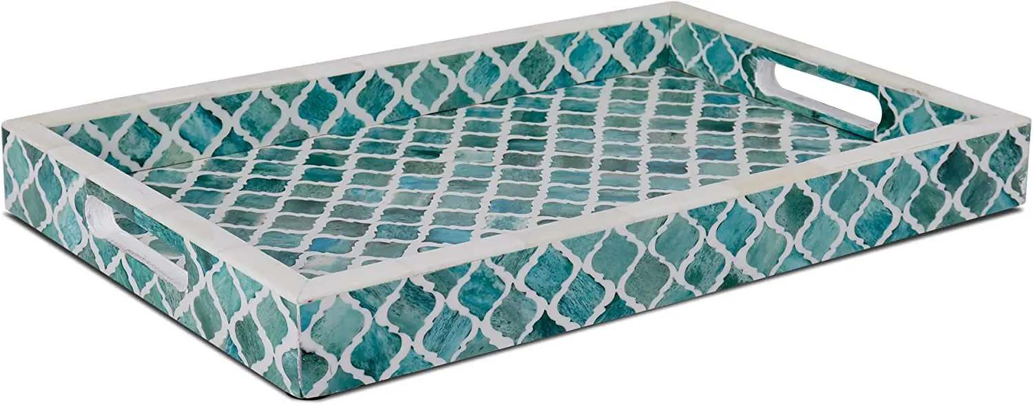 

for Mom Moroccan Pattern Inspired Multipurpose Bone Inlay Decorative Trays Green White 11x17 inches