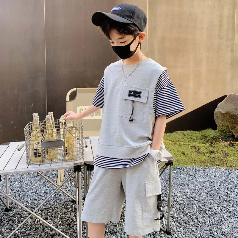 Teenager Boys Summer Sports Suits 2022 New Children's Two-piece Clothing Set Kids Cotton T-shirt And Shorts Two Pieces Outerwear