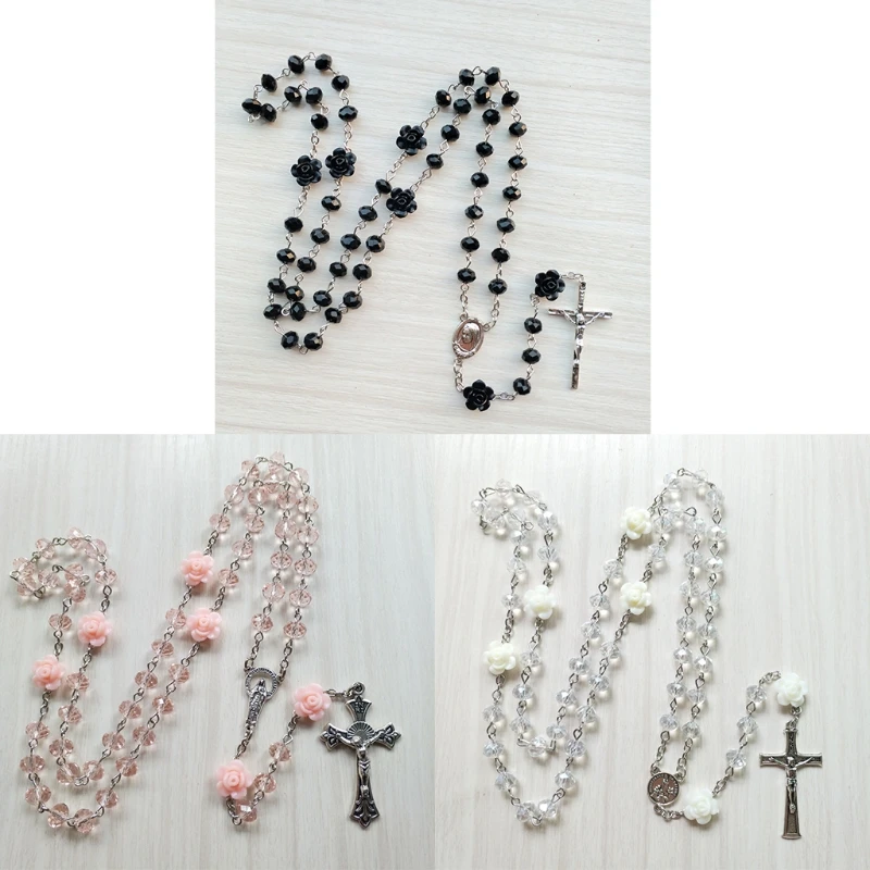 

Rose Crystal Rosary Necklace Catholic Vintage Cross Pendant Long Chain Necklace Religious Jewelry