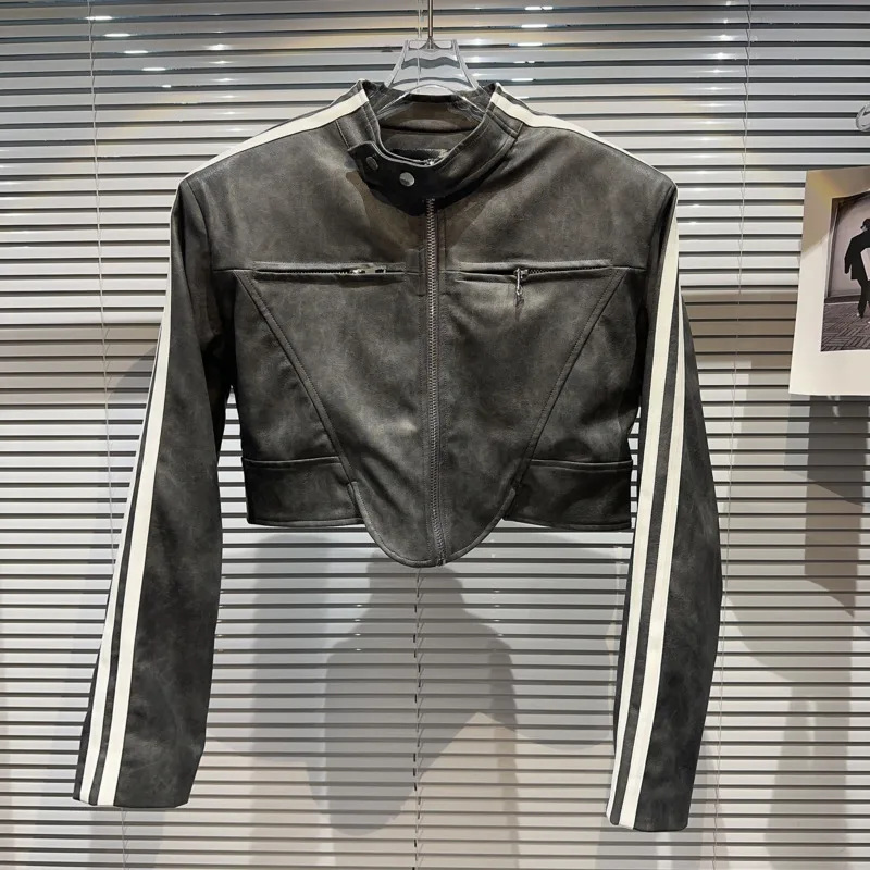 

BORVEMAYS Stripe Patchwork Stand Collar Jacket PU Leather Autumn New Women Long Sleeve Zipper Street Trend Coat WZ5448