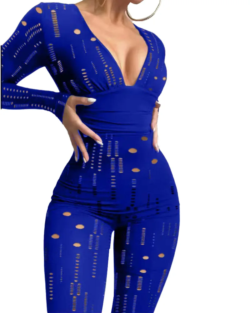 

Mesh Bodycon Jumpsuit Women Sexy Fashion 2022 Summer V-neck Ripped Long-sleeved Tights Women's Fitness Dance Clothes S-XXXL