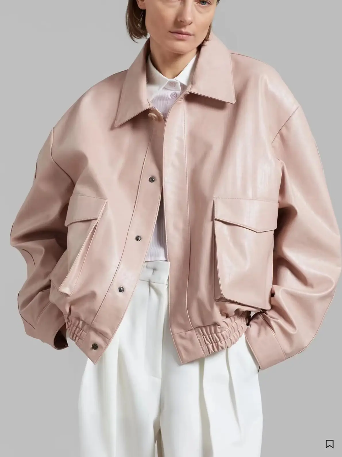 

Женское модное розовое кожаное пальто, Дамская куртка с длинным рукавом и эластичным поясом, верхняя одежда, топы с двойными карманами для осени и зимы 2023