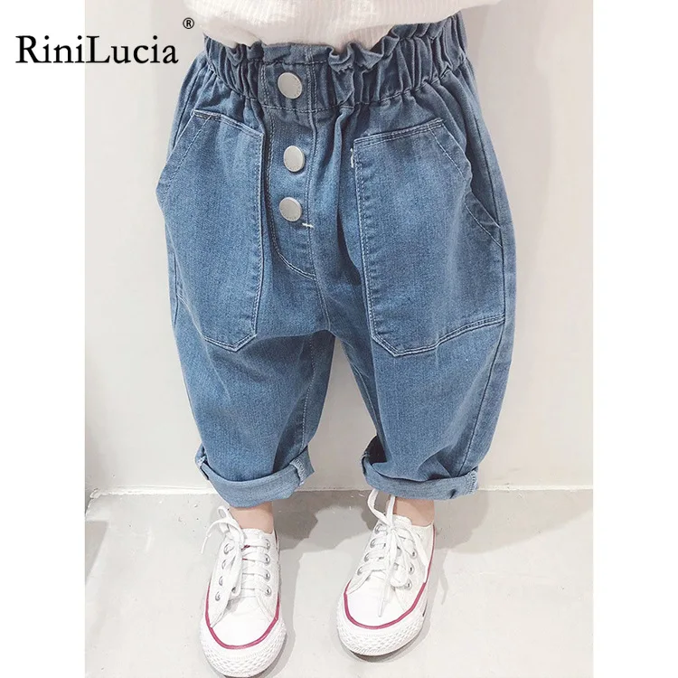 

RiniLucia 2022 Baby Jeans Solid Color Jeans For Girls Autumn Jeans Boy Girl Casual Pleated Waist Full Length Jeans