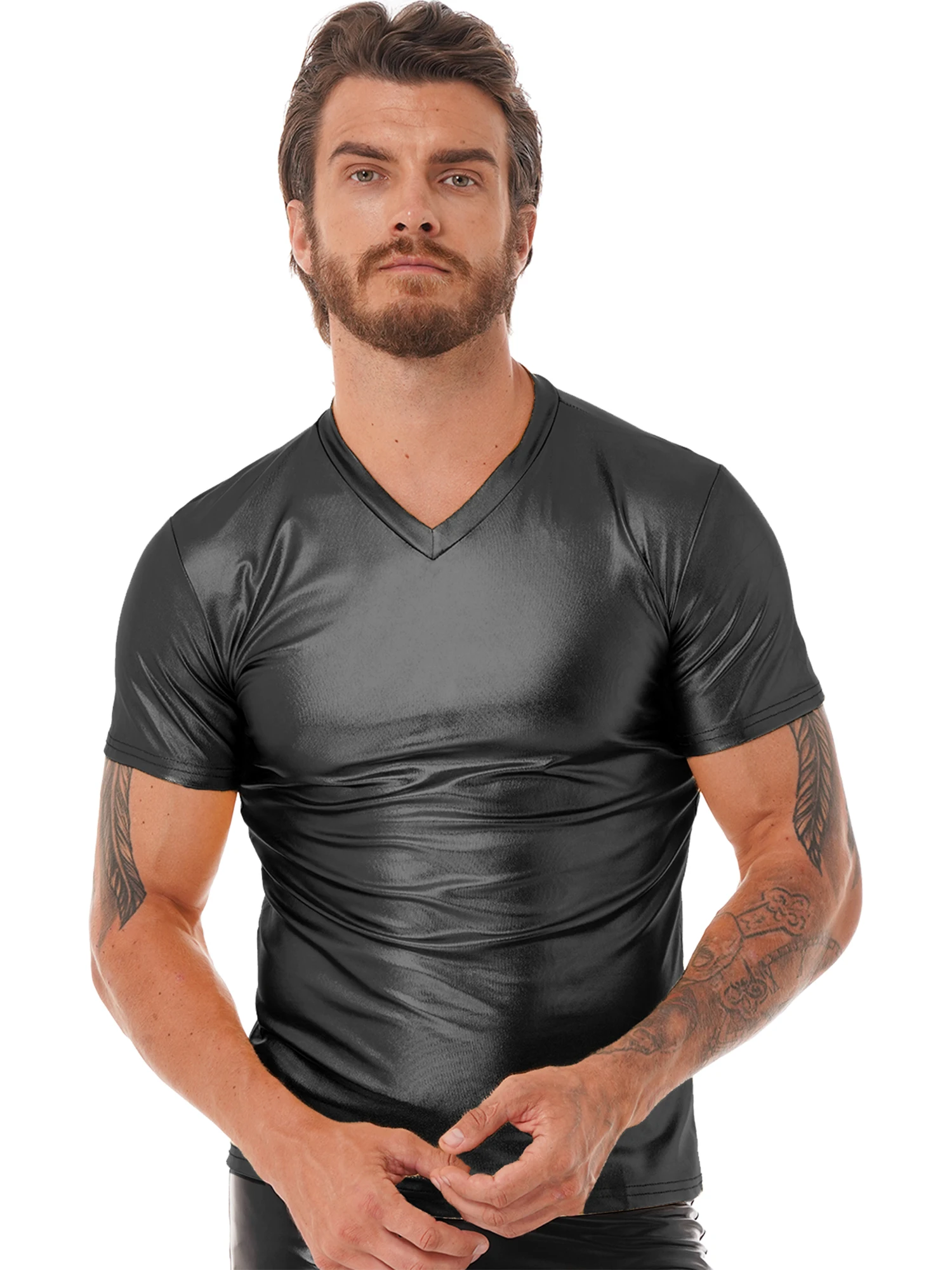 Мужская Блестящая футболка с коротким рукавом и V-образным вырезом | одежда