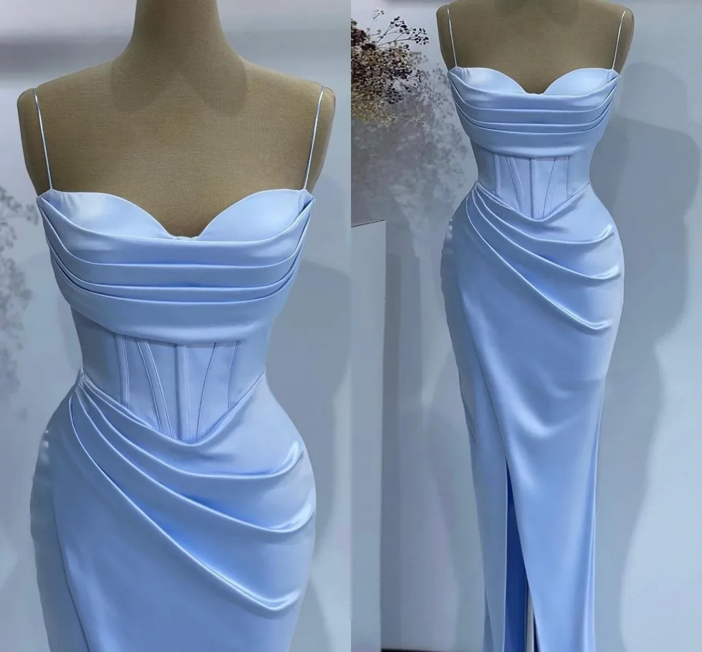 

Sky Blue Mermaid Slit Long Evening Dresses Satin Spaghetti Strap Pleats Prom Formal Gowns Celebrity Wear Robe De Soriee