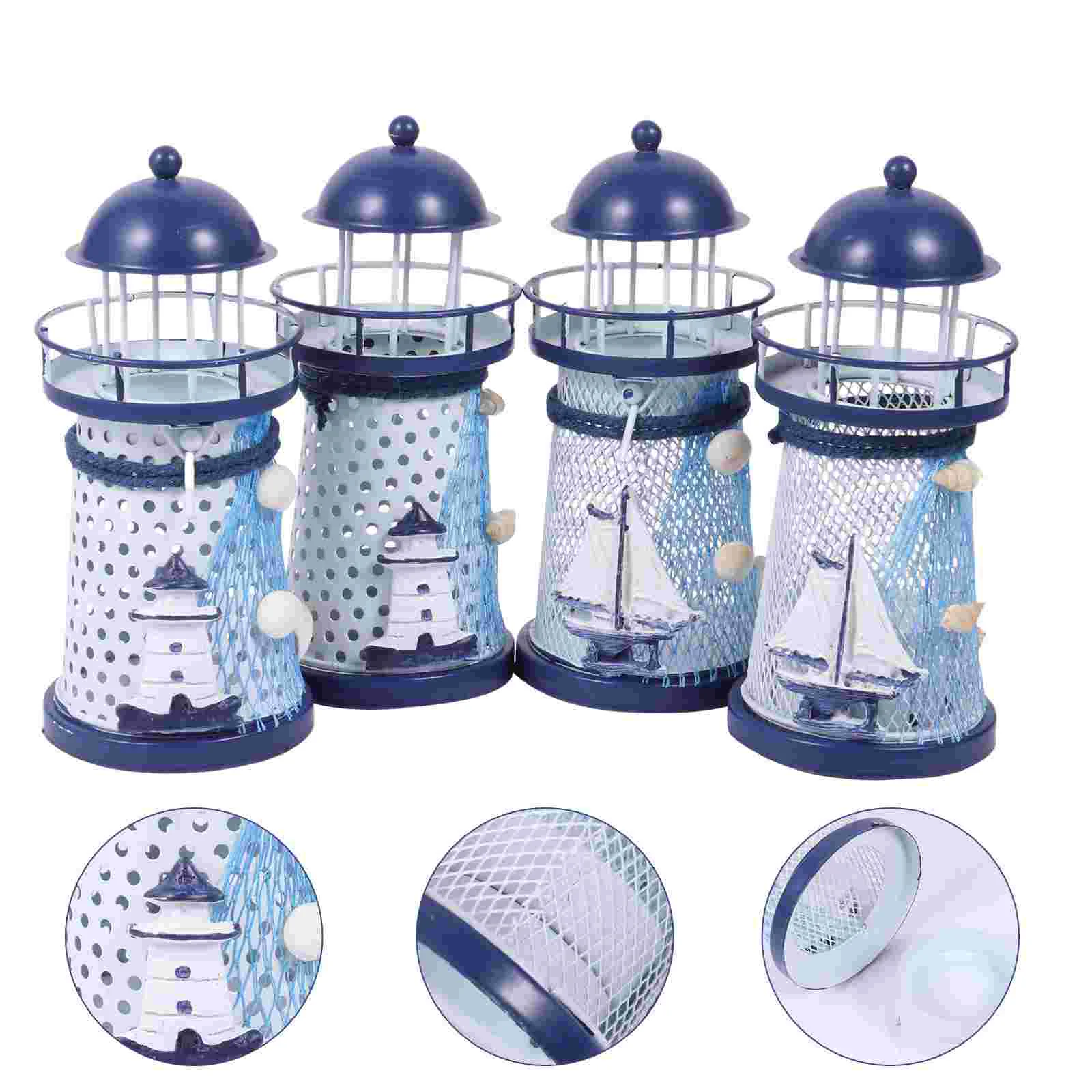

4 Pcs Iron Sheet Mediterranean Candlestick Seaside Conch Ocean Lighthouse Stands