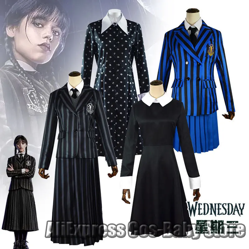 

Movie Wednesday Addams Family Cosplay Costume Vintage Addams School JK Uniform Dress Outfits Cosplay Wig Halloween Anime clothes