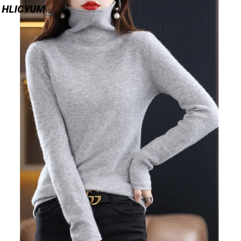 

2023 Autumn/Winter New Women's Pullovers 100% Pure Wool Sweaters Casual Solid Knitwear Turtleneck Fit Basics Versatile Blouse