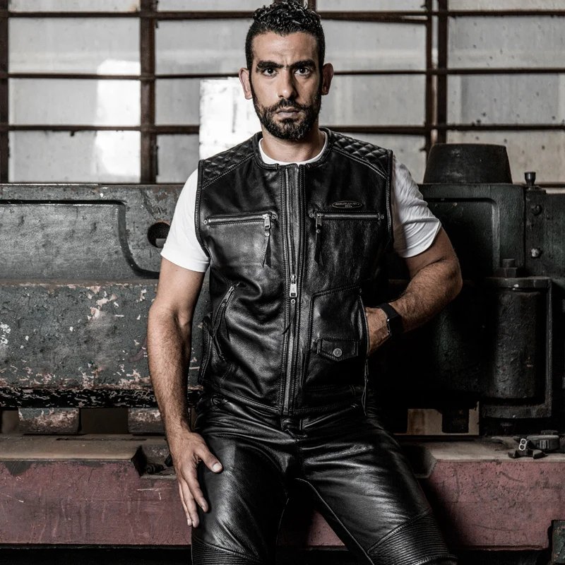 

HARLEY ANGEL Genuine Leather Waistcoat Motorcycle Windproof Protection Men Outdoor Leisure Coat Vest Black Sleeveless Jacket