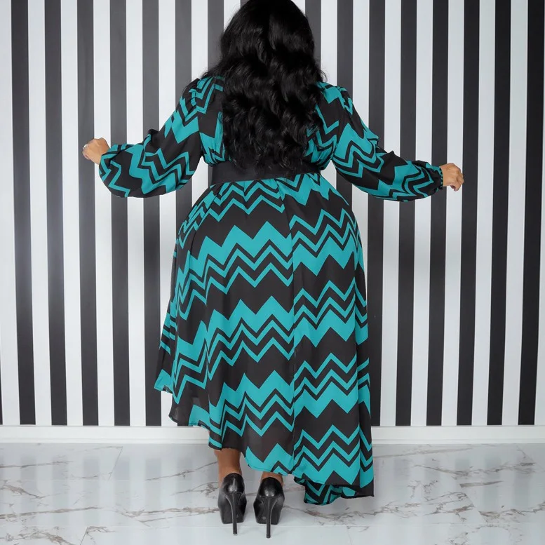 4XL 5XL Plus Size Dresses for Women Geometric Printed Ful Sleeve High Waisted Asymmetric Loose Mid Calf Large Party Birthday Big