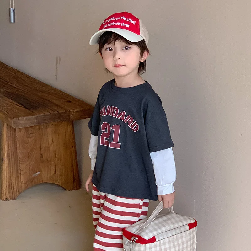 

2023 Autumn New Children Long Sleeve T-shirt Baby Boys Girls Loose Casual Cotton Tees Letter Print Fake 2pcs Tops Kids Clothes