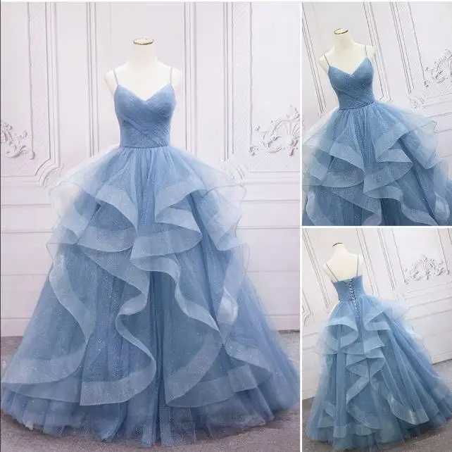 

A-Line Long Tulle Prom Dresses V Neck Floor Length Princess Ball Gown Spaghetti Strap Abendkleider Robes de Soirée for Women