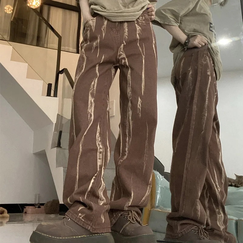 American Retro Tie Dye Brown Jeans Women Fashion Streetwear New High Waist Straight Denim Baggy Pants Female
