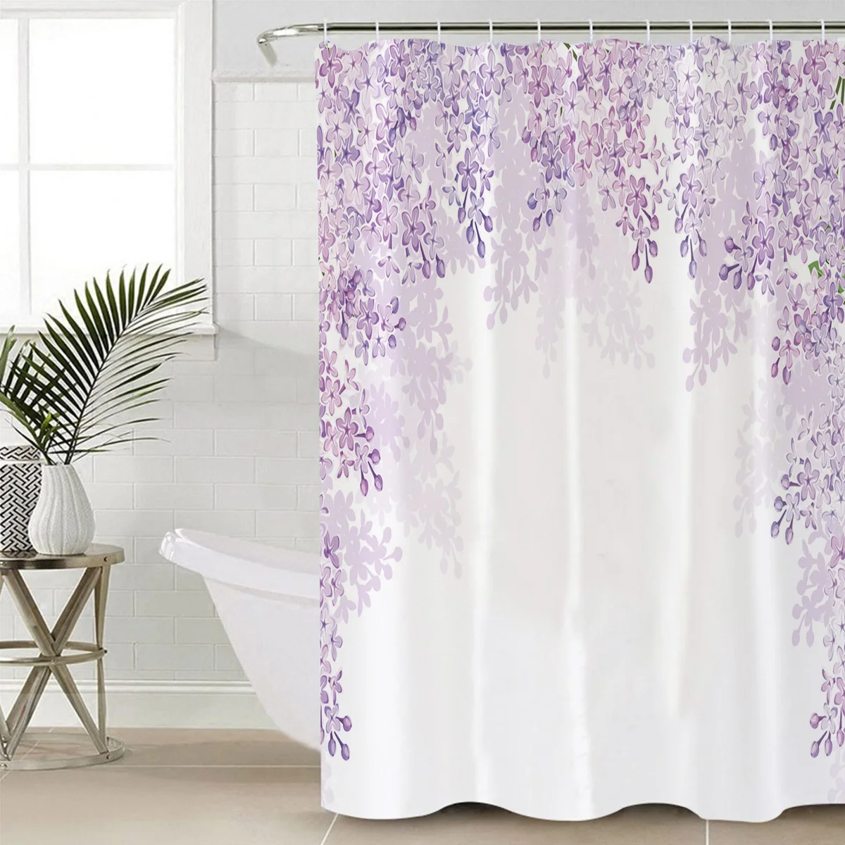 

Purple Flower White Shower Curtain Waterproof Polyester Fabric Bath Curtains with Hooks Bathroom Accessorie Decor Cortina