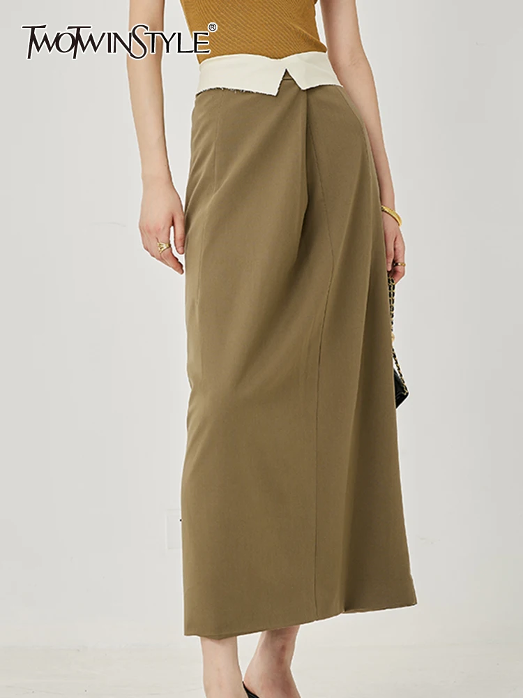 

TWOTWINSTYLE Solid Patchwork Folds Skirts For Women High Waist Summer Minimalist Straight Skirt Female Fashion Style Clothing