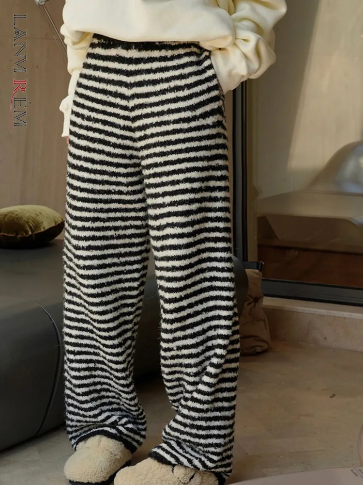 

LANMREM Модные трикотажные полосатые длинные брюки женские эластичные с высокой талией свободные брюки контрастных цветов повседневные 2023 Зимние новые 2AA2901